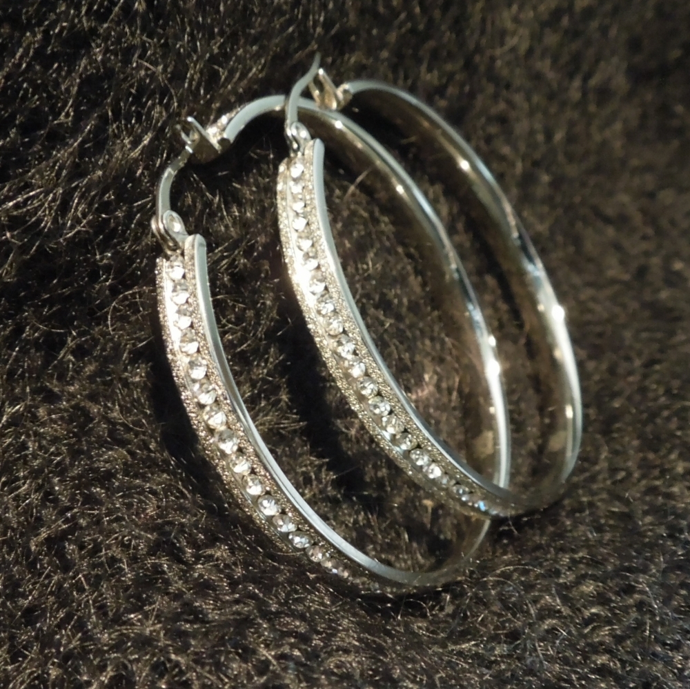 Stainless Steel silvertone inside/outside Pave, 2" inch Hoop earrings